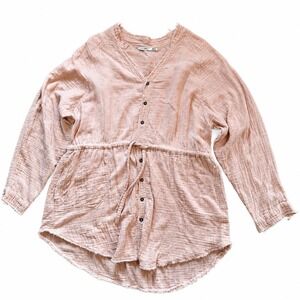 Black Tape Women M Pink Cotton Gauze Mousseline Button Down Tunic Frayed Hem Top